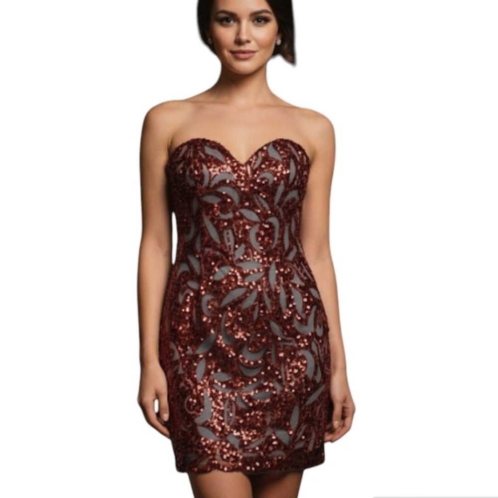 scala Red 100% Silk Sequin Metallic Strapless Cocktail Party Dress